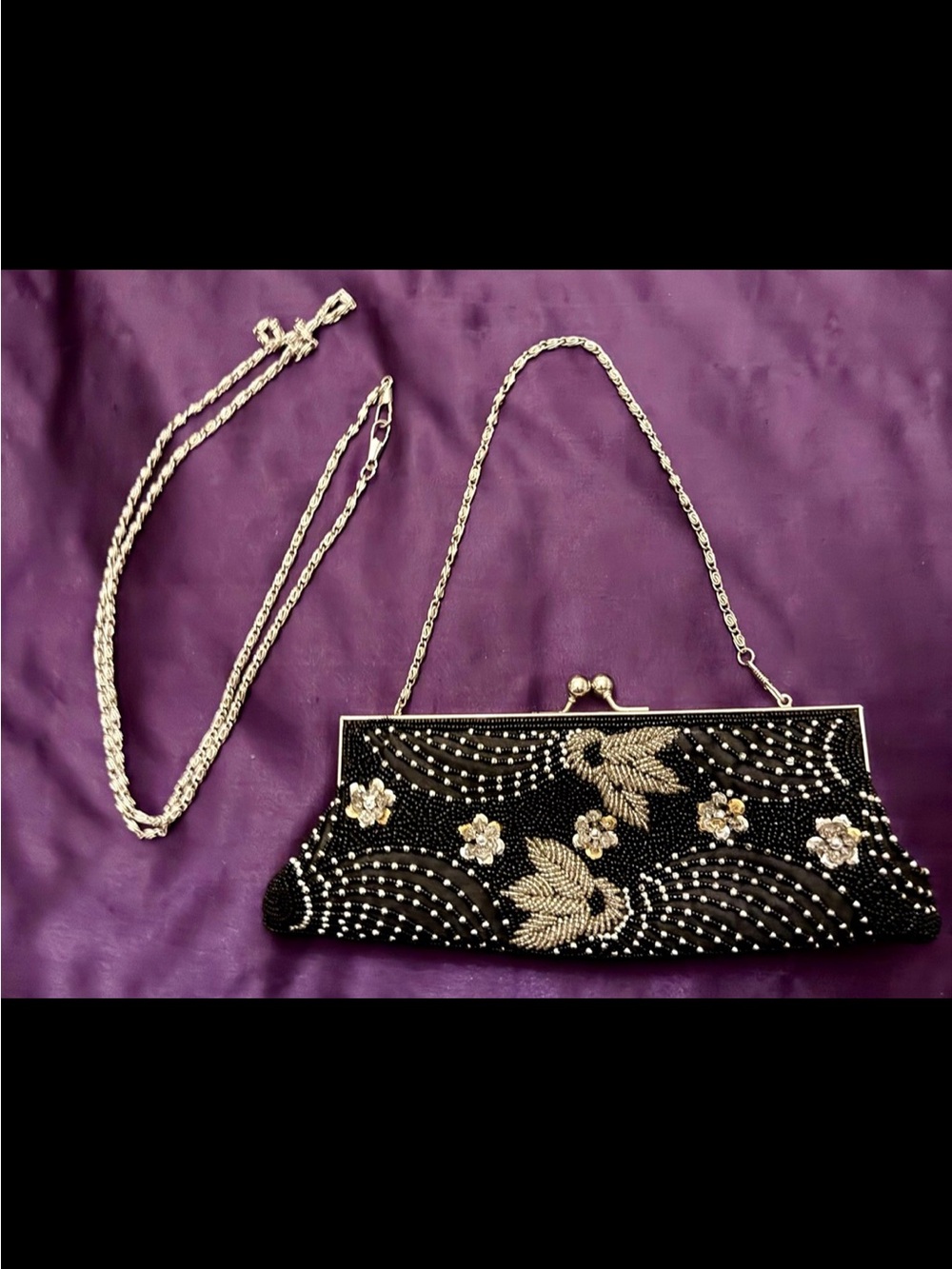 Vintage Black Beaded Floral Evening Clutch with Silver Accents